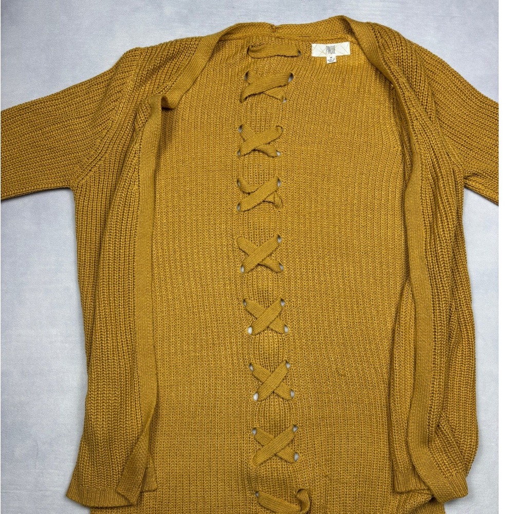 Pinque Mustard Yellow Lace Up Back Open Front Cardigan Sweater Medium PF832496SF - Picture 2 of 8